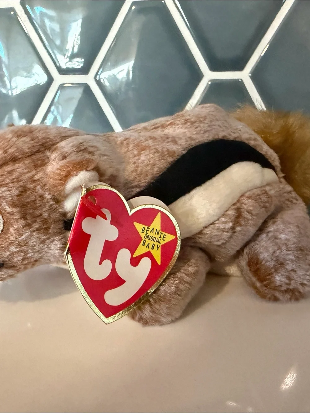TY Brown and Cream Plush Chipmunk “Chipper” Beanie Baby with Black Stripe